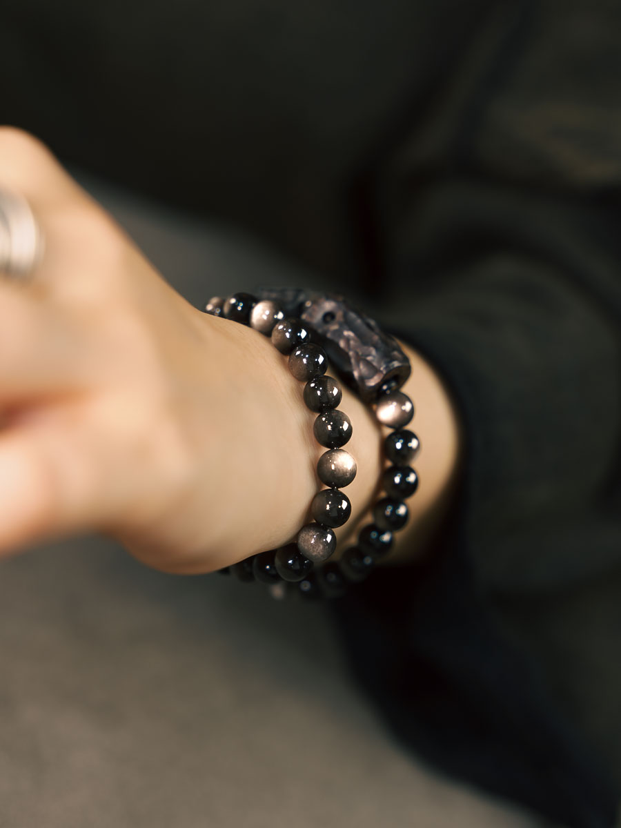 Handmade Silver Obsidian Design Bracelet for Men & Women - Vintage Style Versatile Sandalwood Couple Accessories
