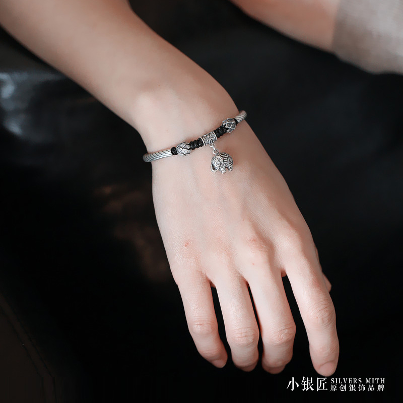 Handmade Silver Woven Bracelet with Pixiu Lucky Elephant Design, Pure Silver Wax Rope Jewelry for Men and Women Handmade Silver Woven Bracelet with Pixiu Lucky Elephant Design, Pure Silver Wax Rope Jewelry for Men and Women