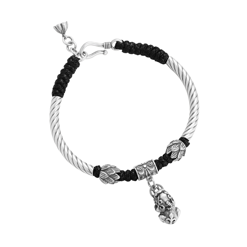 Handmade Silver Woven Bracelet with Pixiu Lucky Elephant Design, Pure Silver Wax Rope Jewelry for Men and Women Handmade Silver Woven Bracelet with Pixiu Lucky Elephant Design, Pure Silver Wax Rope Jewelry for Men and Women