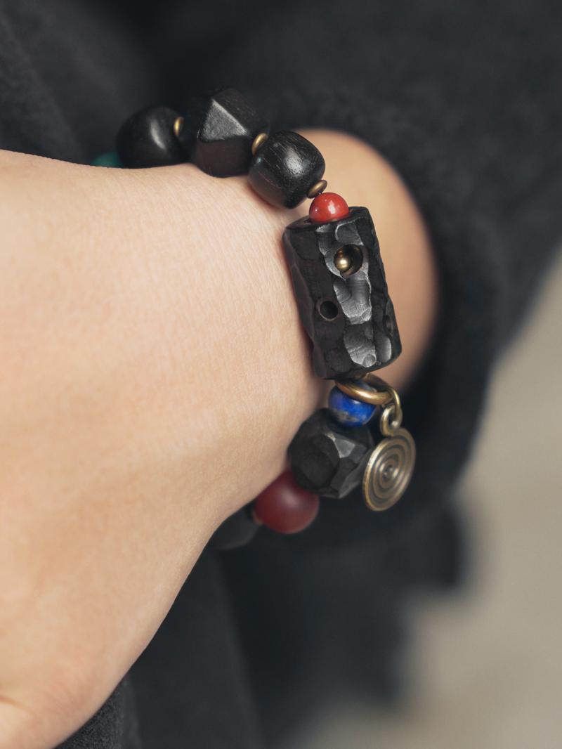 Handmade Textured Ebony Wood Bracelet for Men and Women, Vintage Ethnic Style Beaded Wrist Accessory, Unique Fashion Jewelry