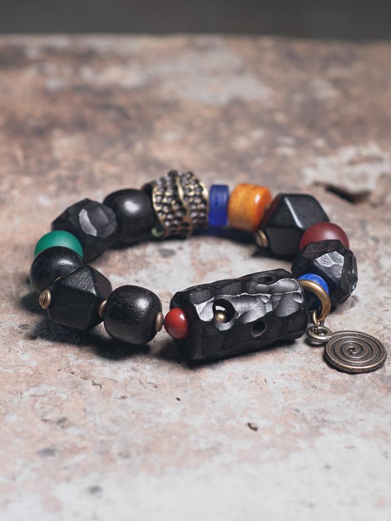 Handmade Textured Ebony Wood Bracelet for Men and Women, Vintage Ethnic Style Beaded Wrist Accessory, Unique Fashion Jewelry Handmade Textured Ebony Wood Bracelet for Men and Women, Vintage Ethnic Style Beaded Wrist Accessory, Unique Fashion Jewelry