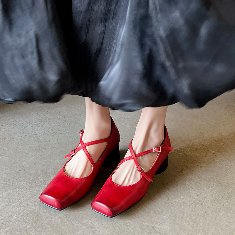 Handmade Washed Calfskin Cross-Strap Square-Toe Chunky Heel Mary Jane Flats for Women - Stylish Vintage-Inspired Ballet Shoes Handmade Washed Calfskin Cross-Strap Square-Toe Chunky Heel Mary Jane Flats for Women - Stylish Vintage-Inspired Ballet Shoes