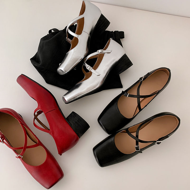 Handmade Washed Calfskin Cross-Strap Square-Toe Chunky Heel Mary Jane Flats for Women - Stylish Vintage-Inspired Ballet Shoes Handmade Washed Calfskin Cross-Strap Square-Toe Chunky Heel Mary Jane Flats for Women - Stylish Vintage-Inspired Ballet Shoes