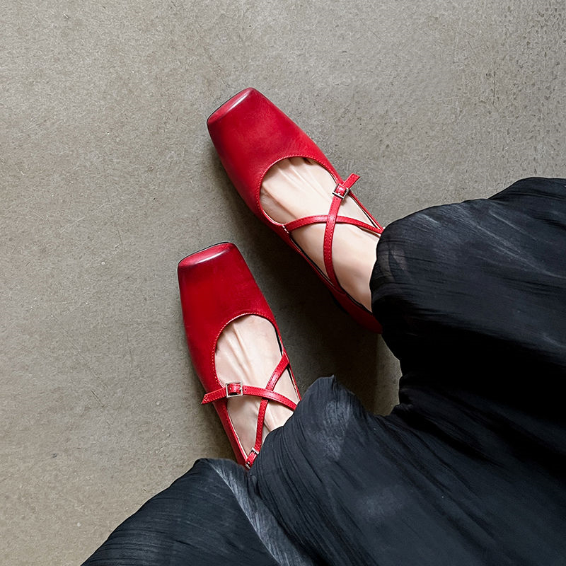 Handmade Washed Calfskin Cross-Strap Square-Toe Chunky Heel Mary Jane Flats for Women - Stylish Vintage-Inspired Ballet Shoes