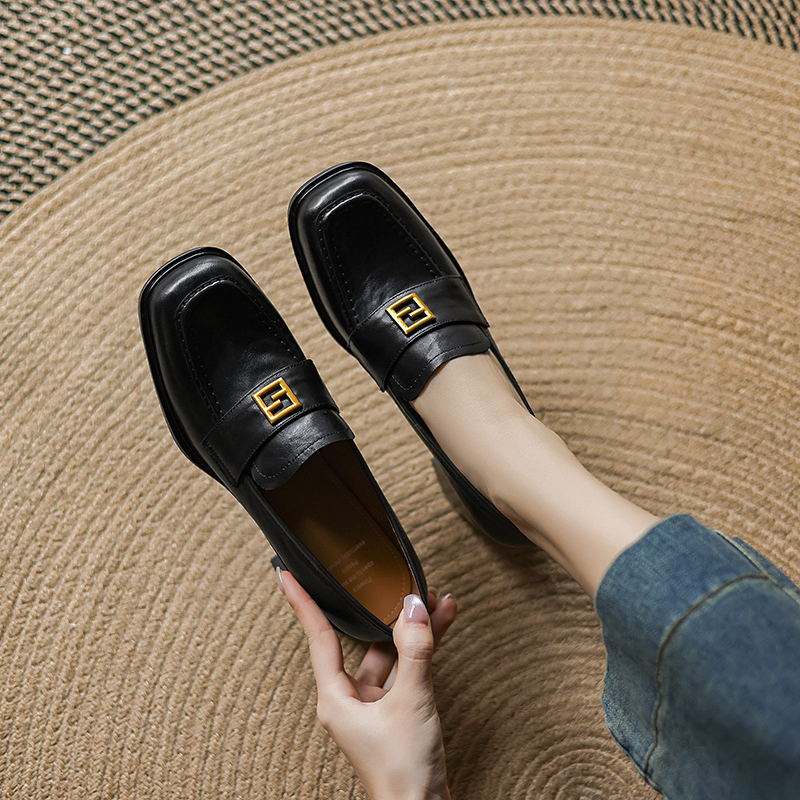 Handmade Washed Cowhide High Heel Loafers for Women with Chunky Heels and Gold Buckle - Elegant Square Toe Design Handmade Washed Cowhide High Heel Loafers for Women with Chunky Heels and Gold Buckle - Elegant Square Toe Design