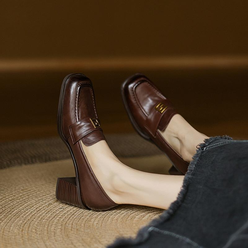 Handmade Washed Cowhide High Heel Loafers for Women with Chunky Heels and Gold Buckle - Elegant Square Toe Design Handmade Washed Cowhide High Heel Loafers for Women with Chunky Heels and Gold Buckle - Elegant Square Toe Design