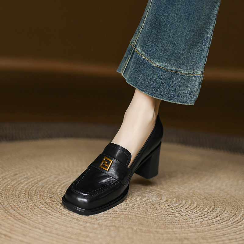Handmade Washed Cowhide High Heel Loafers for Women with Chunky Heels and Gold Buckle - Elegant Square Toe Design Handmade Washed Cowhide High Heel Loafers for Women with Chunky Heels and Gold Buckle - Elegant Square Toe Design
