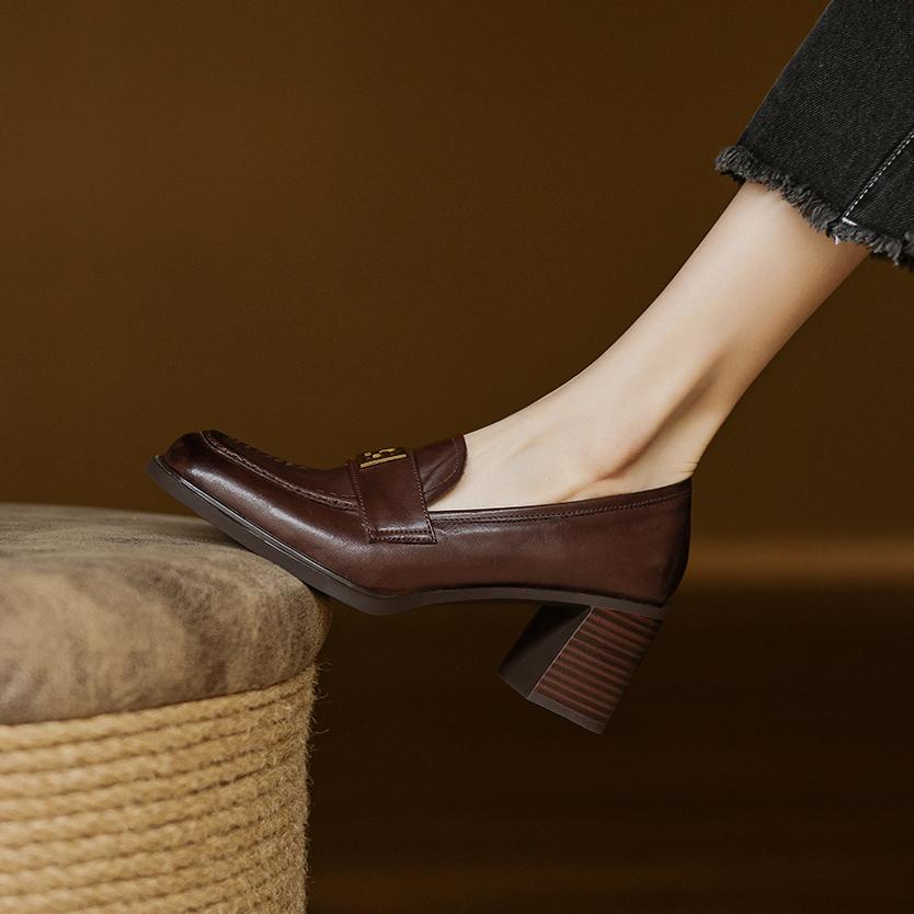 Handmade Washed Cowhide High Heel Loafers for Women with Chunky Heels and Gold Buckle - Elegant Square Toe Design Handmade Washed Cowhide High Heel Loafers for Women with Chunky Heels and Gold Buckle - Elegant Square Toe Design