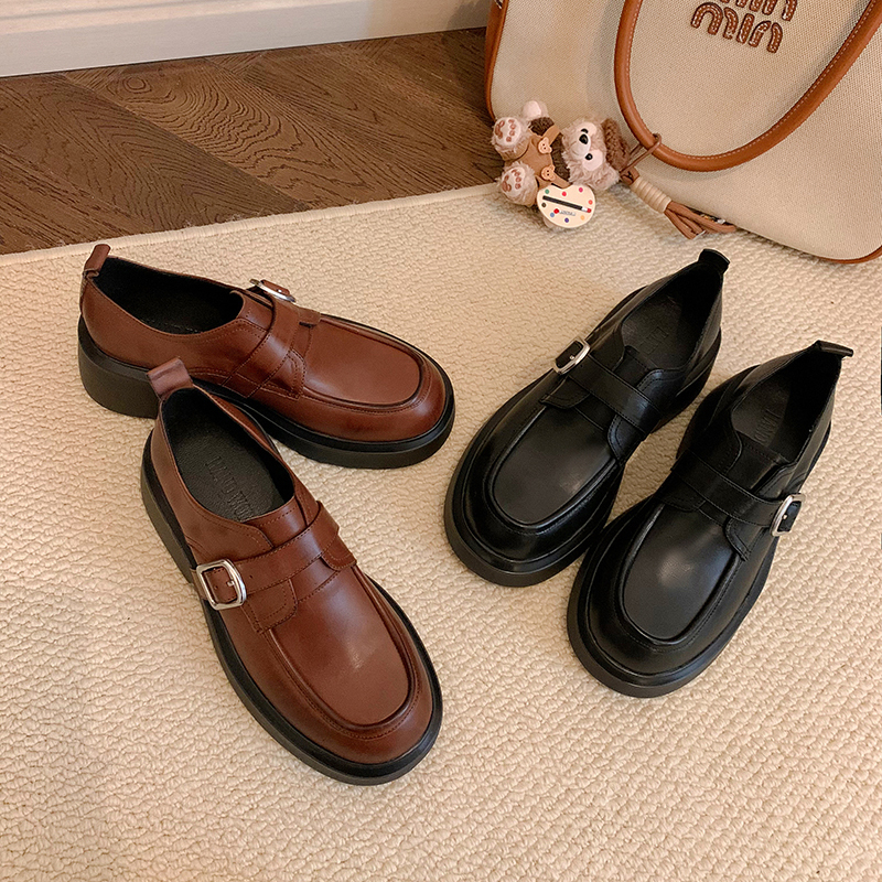 Handmade Water-Washed Cowhide Low-Top Thick-Soled British Style Loafers with Mid Heels for Women - Comfortable Casual Footwear Handmade Water-Washed Cowhide Low-Top Thick-Soled British Style Loafers with Mid Heels for Women - Comfortable Casual Footwear