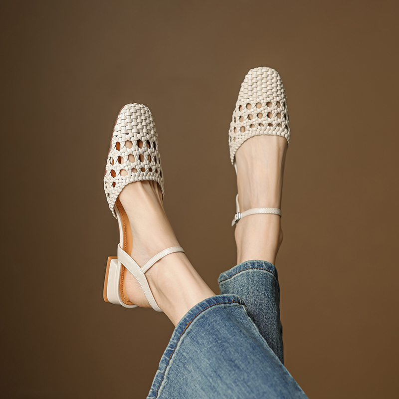 Handmade Woven Flat Mary Jane Shoes - Milk White, Low Heel, Hollowed-Out Toe, Korean Style Sandals Handmade Woven Flat Mary Jane Shoes - Milk White, Low Heel, Hollowed-Out Toe, Korean Style Sandals
