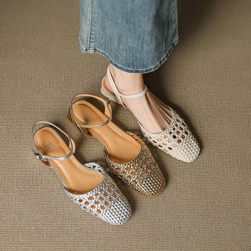 Handmade Woven Flat Mary Jane Shoes - Milk White, Low Heel, Hollowed-Out Toe, Korean Style Sandals Handmade Woven Flat Mary Jane Shoes - Milk White, Low Heel, Hollowed-Out Toe, Korean Style Sandals