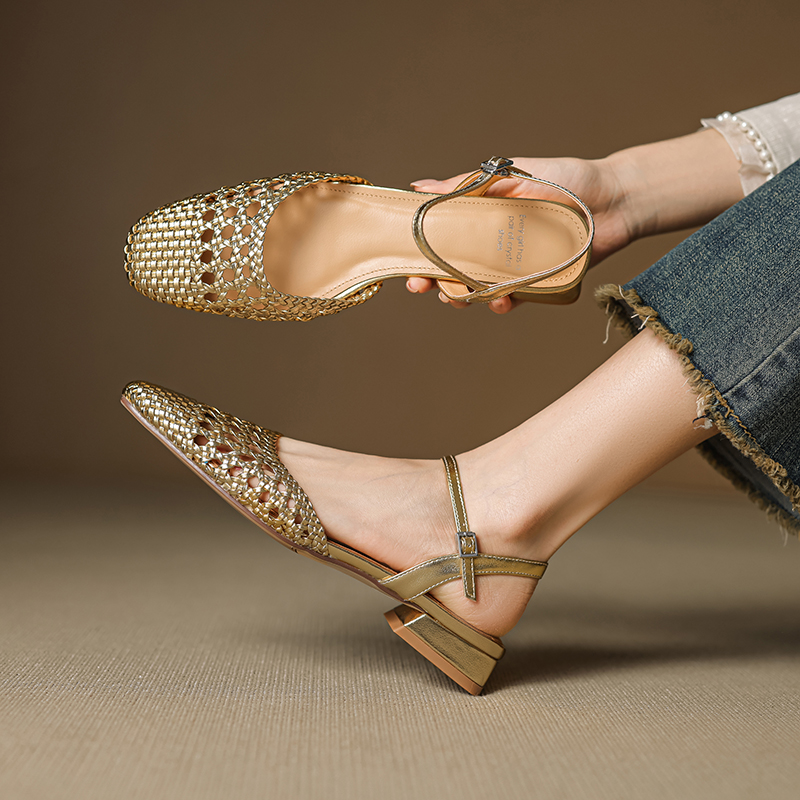 Handmade Woven Flat Mary Jane Shoes - Milk White, Low Heel, Hollowed-Out Toe, Korean Style Sandals Handmade Woven Flat Mary Jane Shoes - Milk White, Low Heel, Hollowed-Out Toe, Korean Style Sandals