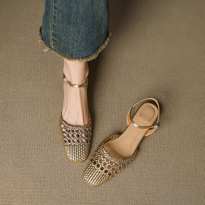 Handmade Woven Flat Mary Jane Shoes - Milk White, Low Heel, Hollowed-Out Toe, Korean Style Sandals Handmade Woven Flat Mary Jane Shoes - Milk White, Low Heel, Hollowed-Out Toe, Korean Style Sandals