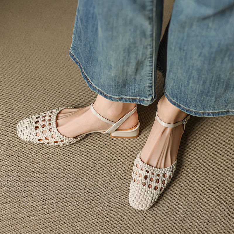 Handmade Woven Flat Mary Jane Shoes - Milk White, Low Heel, Hollowed-Out Toe, Korean Style Sandals