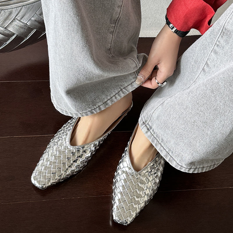 Handmade Woven Golden Genuine Leather Square-Toe Mules with Height Increase for Women - Stylish Outdoor Footwear Handmade Woven Golden Genuine Leather Square-Toe Mules with Height Increase for Women - Stylish Outdoor Footwear