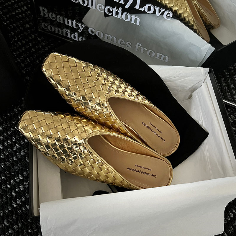 Handmade Woven Golden Genuine Leather Square-Toe Mules with Height Increase for Women - Stylish Outdoor Footwear Handmade Woven Golden Genuine Leather Square-Toe Mules with Height Increase for Women - Stylish Outdoor Footwear