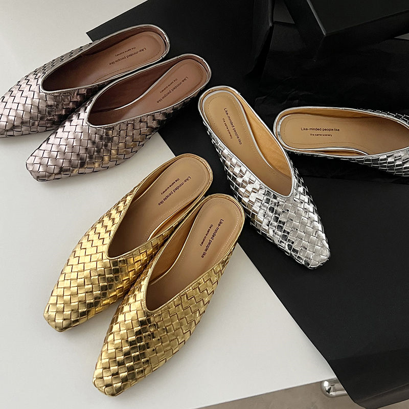 Handmade Woven Golden Genuine Leather Square-Toe Mules with Height Increase for Women - Stylish Outdoor Footwear Handmade Woven Golden Genuine Leather Square-Toe Mules with Height Increase for Women - Stylish Outdoor Footwear
