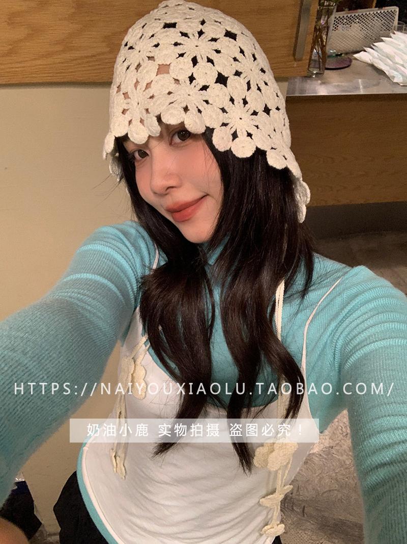 Handmade Woven Hollow Flower Cap for Women – Knitted Beanie with Ear Protection & Tie Straps, Perfect for 90s & Y2K Styles Handmade Woven Hollow Flower Cap for Women – Knitted Beanie with Ear Protection & Tie Straps, Perfect for 90s & Y2K Styles