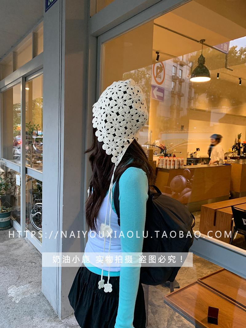 Handmade Woven Hollow Flower Cap for Women – Knitted Beanie with Ear Protection & Tie Straps, Perfect for 90s & Y2K Styles Handmade Woven Hollow Flower Cap for Women – Knitted Beanie with Ear Protection & Tie Straps, Perfect for 90s & Y2K Styles