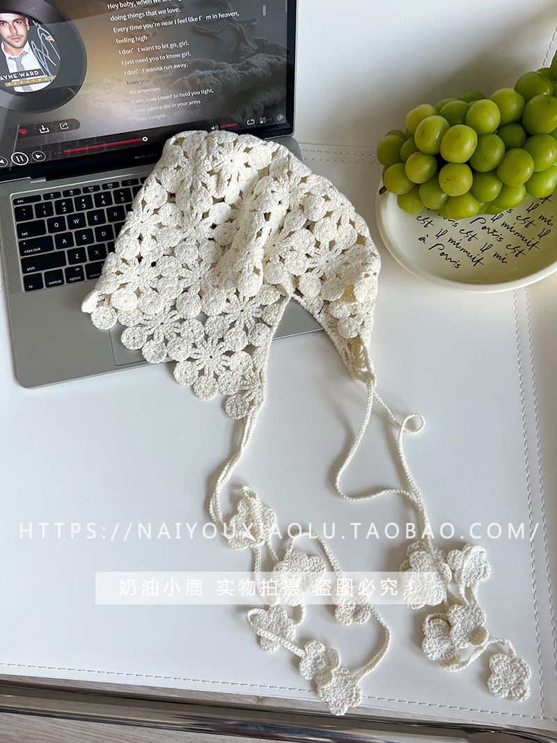 Handmade Woven Hollow Flower Cap for Women â€“ Knitted Beanie with Ear Protection & Tie Straps, Perfect for 90s & Y2K Styles