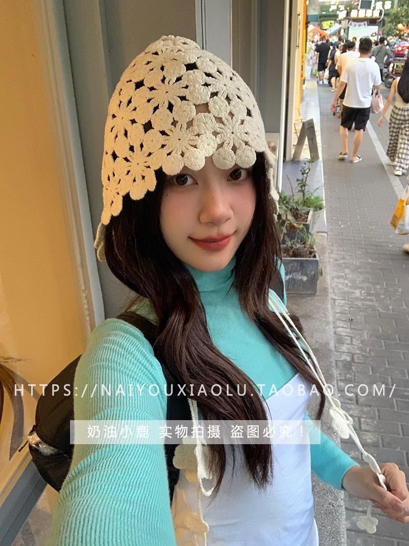 Handmade Woven Hollow Flower Cap for Women – Knitted Beanie with Ear Protection & Tie Straps, Perfect for 90s & Y2K Styles Handmade Woven Hollow Flower Cap for Women – Knitted Beanie with Ear Protection & Tie Straps, Perfect for 90s & Y2K Styles