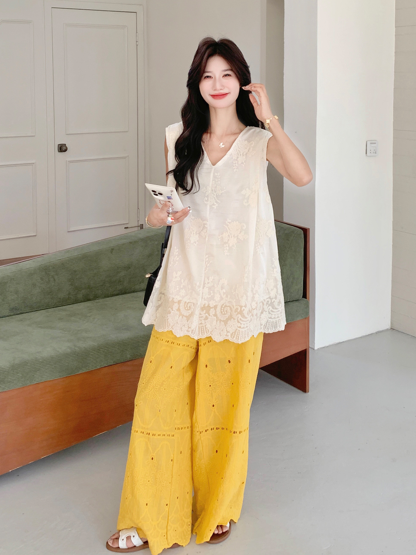 Heavy Industry Embroidery Sleeveless V-Neck Vest & Wide-Leg Pants Two-Piece Set for Women - 2025 Summer Trendy Fashion