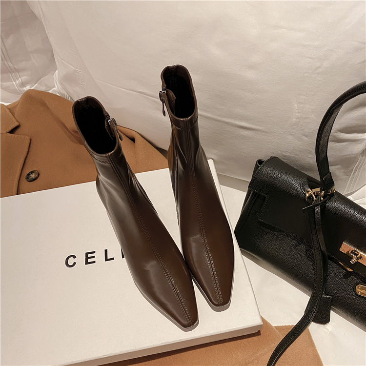 Heavyweight French Style Pointed Mid-Heel Short Boots for Women - Versatile Autumn & Winter Fashion with Slim Elastic Design