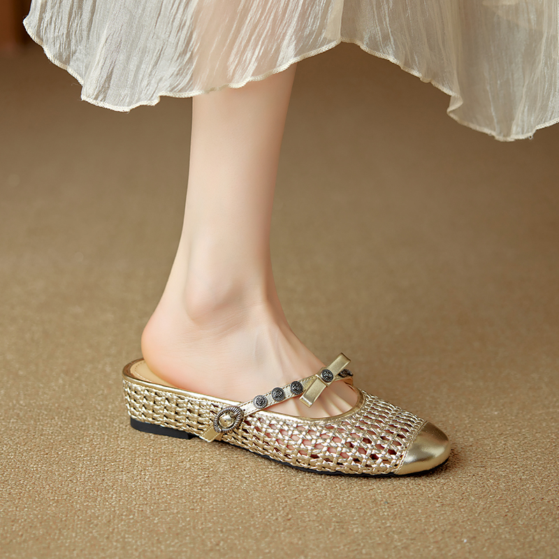 Height-Increasing Open-Toe Slip-On Sandals for Women - Light Gold Woven Genuine Leather - Comfortable Summer Footwear