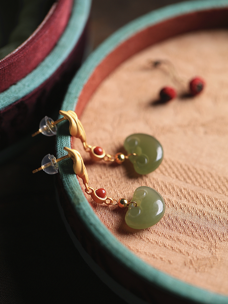 Hetian Jade Ruyi Peace Lock Vintage Dangle Earrings - Pure Silver Chinese Style Jewelry for Women, Ancient Method Design Hetian Jade Ruyi Peace Lock Vintage Dangle Earrings - Pure Silver Chinese Style Jewelry for Women, Ancient Method Design