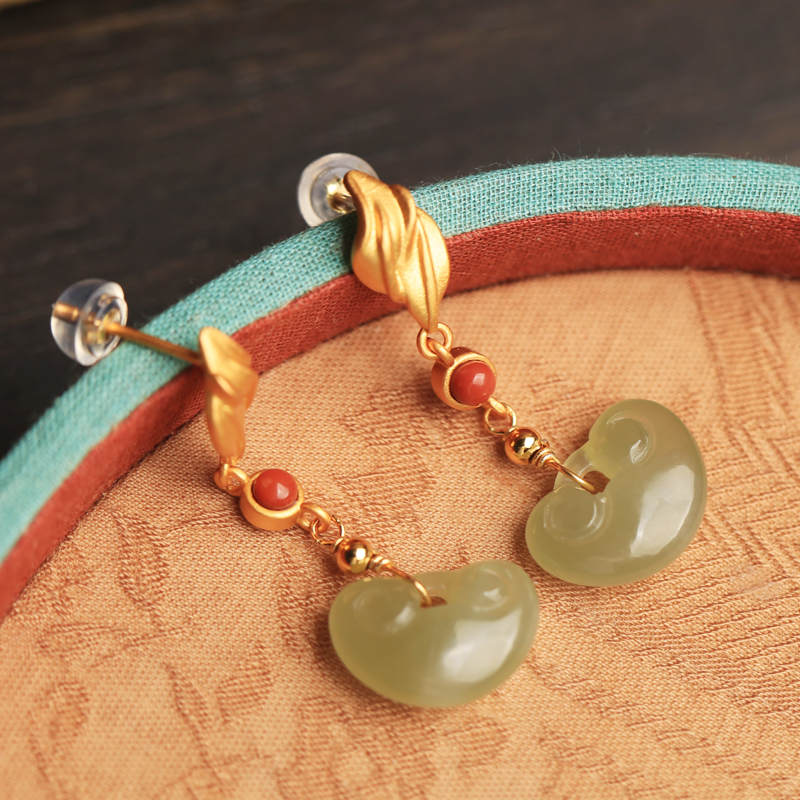 Hetian Jade Ruyi Peace Lock Vintage Dangle Earrings - Pure Silver Chinese Style Jewelry for Women, Ancient Method Design