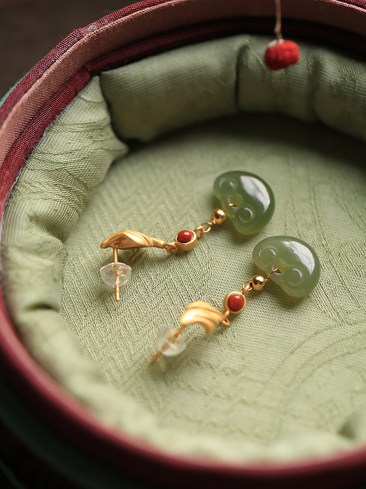 Hetian Jade Ruyi Peace Lock Vintage Dangle Earrings - Pure Silver Chinese Style Jewelry for Women, Ancient Method Design Hetian Jade Ruyi Peace Lock Vintage Dangle Earrings - Pure Silver Chinese Style Jewelry for Women, Ancient Method Design