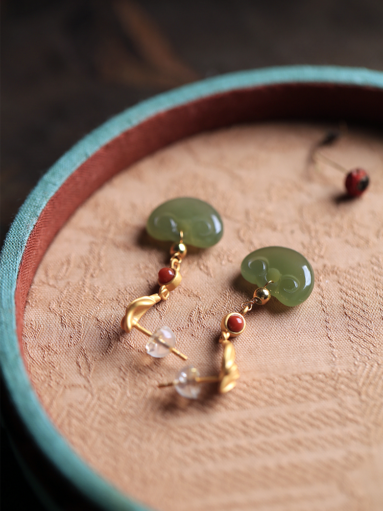 Hetian Jade Ruyi Peace Lock Vintage Dangle Earrings - Pure Silver Chinese Style Jewelry for Women, Ancient Method Design Hetian Jade Ruyi Peace Lock Vintage Dangle Earrings - Pure Silver Chinese Style Jewelry for Women, Ancient Method Design