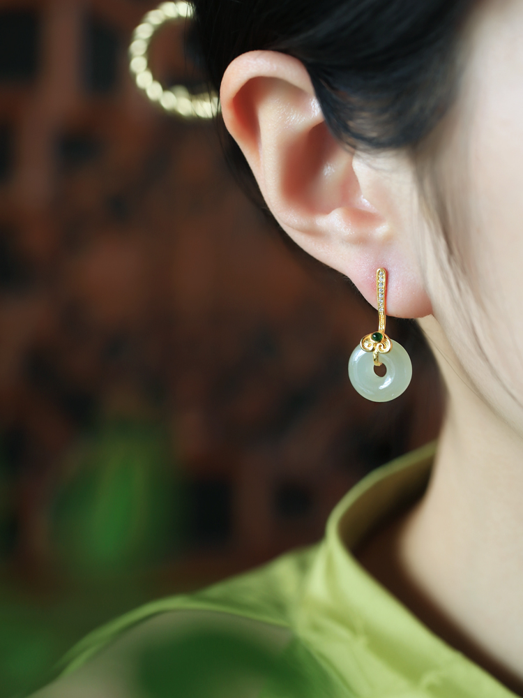 Hetian Jade Silver Ruyi Peace Buckle Earrings for Women - Natural Green Jade National Style Ear Pendants and Studs Hetian Jade Silver Ruyi Peace Buckle Earrings for Women - Natural Green Jade National Style Ear Pendants and Studs