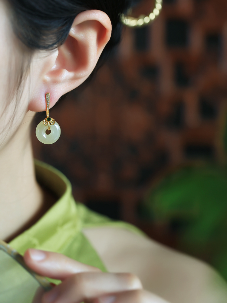 Hetian Jade Silver Ruyi Peace Buckle Earrings for Women - Natural Green Jade National Style Ear Pendants and Studs Hetian Jade Silver Ruyi Peace Buckle Earrings for Women - Natural Green Jade National Style Ear Pendants and Studs