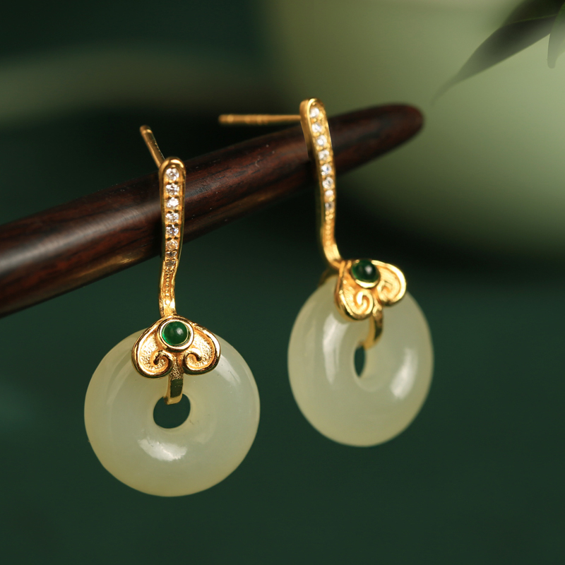 Hetian Jade Silver Ruyi Peace Buckle Earrings for Women - Natural Green Jade National Style Ear Pendants and Studs