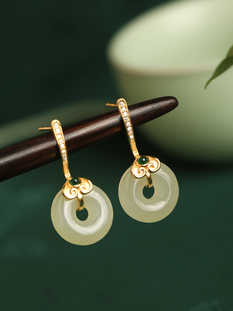 Hetian Jade Silver Ruyi Peace Buckle Earrings for Women - Natural Green Jade National Style Ear Pendants and Studs Hetian Jade Silver Ruyi Peace Buckle Earrings for Women - Natural Green Jade National Style Ear Pendants and Studs