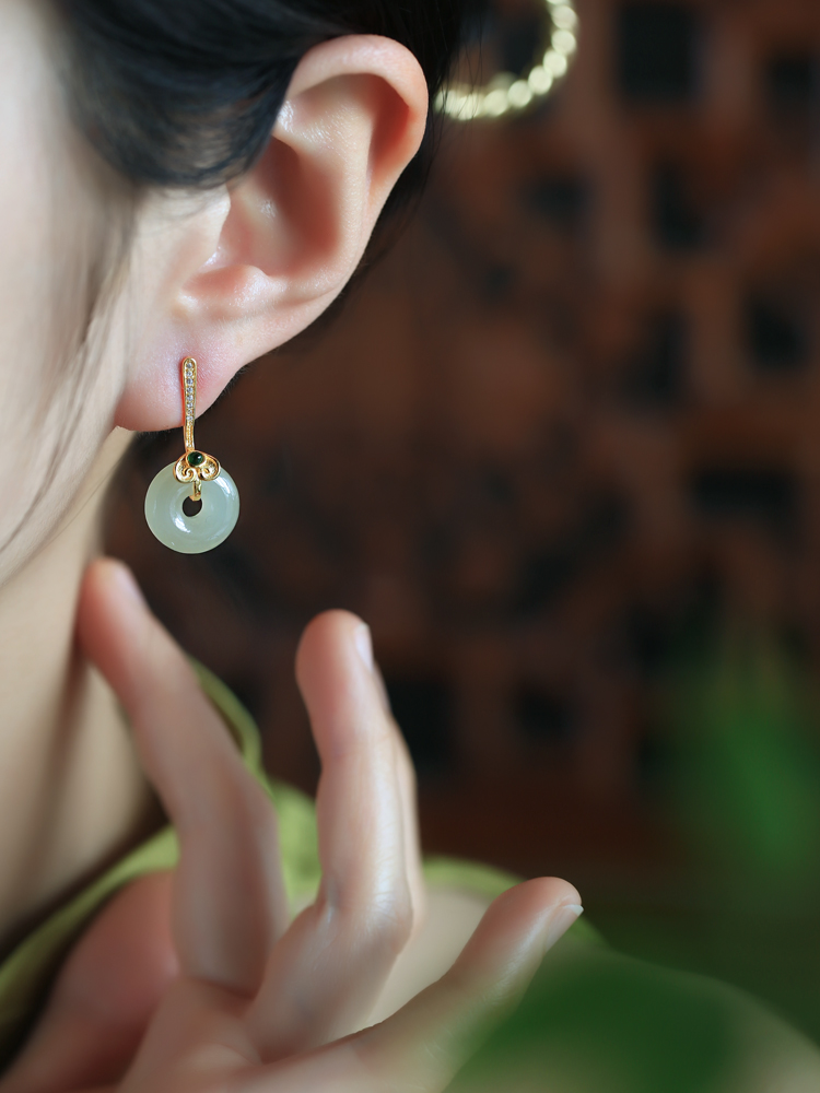Hetian Jade Silver Ruyi Peace Buckle Earrings for Women - Natural Green Jade National Style Ear Pendants and Studs