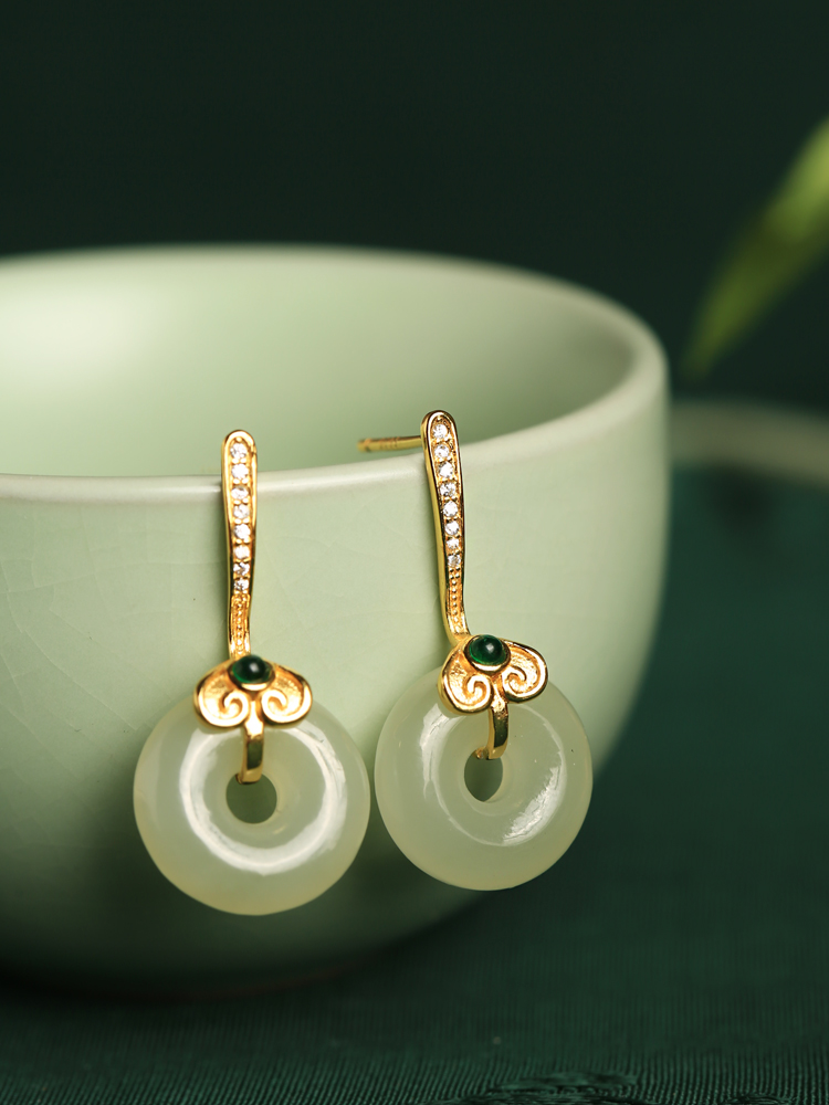 Hetian Jade Silver Ruyi Peace Buckle Earrings for Women - Natural Green Jade National Style Ear Pendants and Studs Hetian Jade Silver Ruyi Peace Buckle Earrings for Women - Natural Green Jade National Style Ear Pendants and Studs