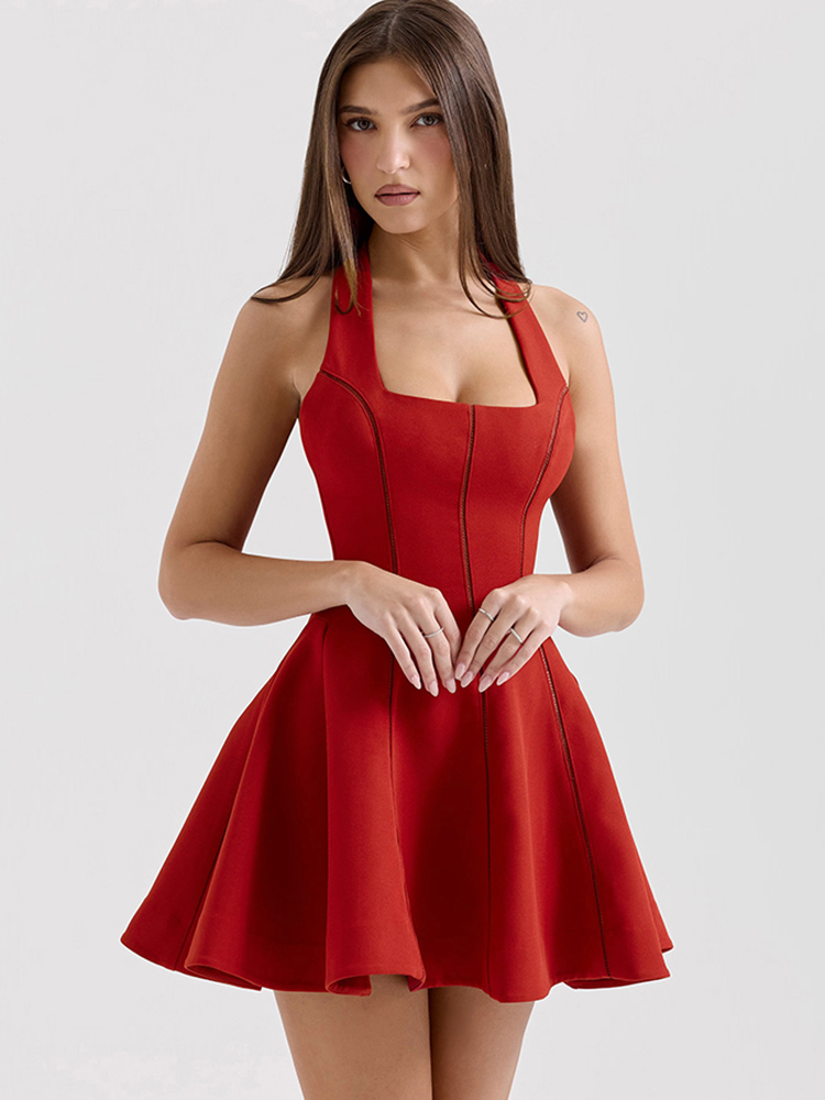 High-End Backless Halter Dress for Women - Square Neck, Waist-Defining A-Line Mini Dress, Sexy French Style High-End Backless Halter Dress for Women - Square Neck, Waist-Defining A-Line Mini Dress, Sexy French Style