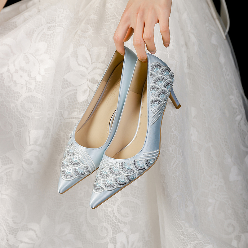 High-End Blue Chinese Style Wedding Shoes for Brides - Embroidered Xiuhe Dress High Heels, Comfortable Qipao Footwear
