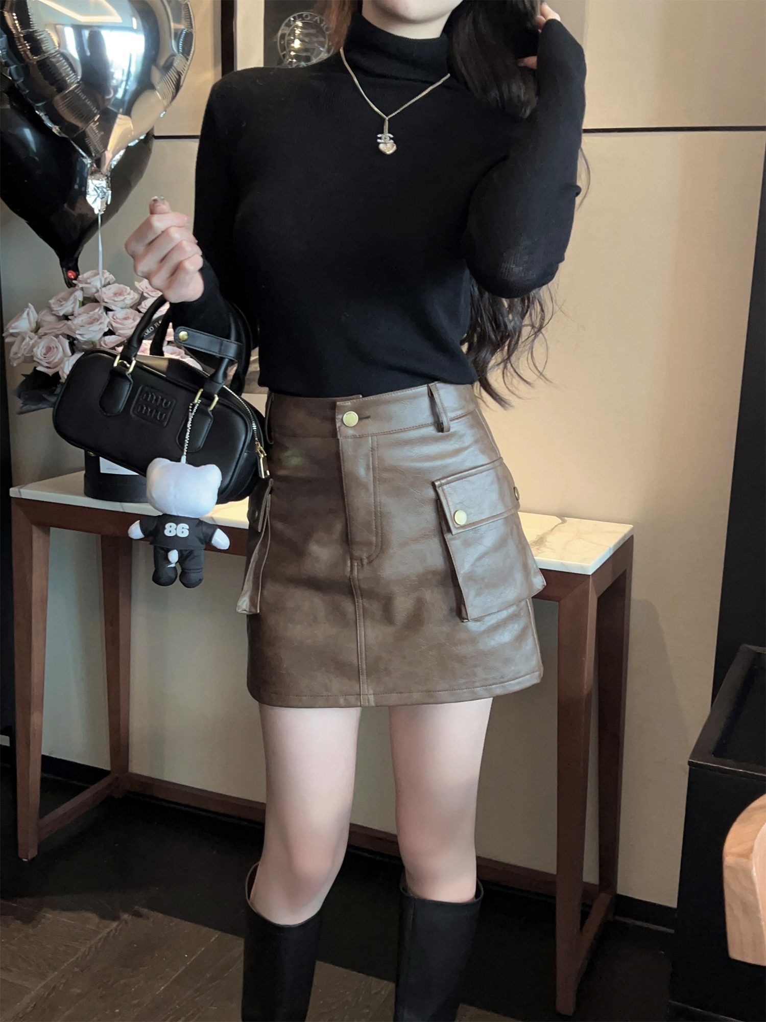 High-End Brown PU Leather A-Line Mini Skirt - Vintage High-Waisted Workwear Style