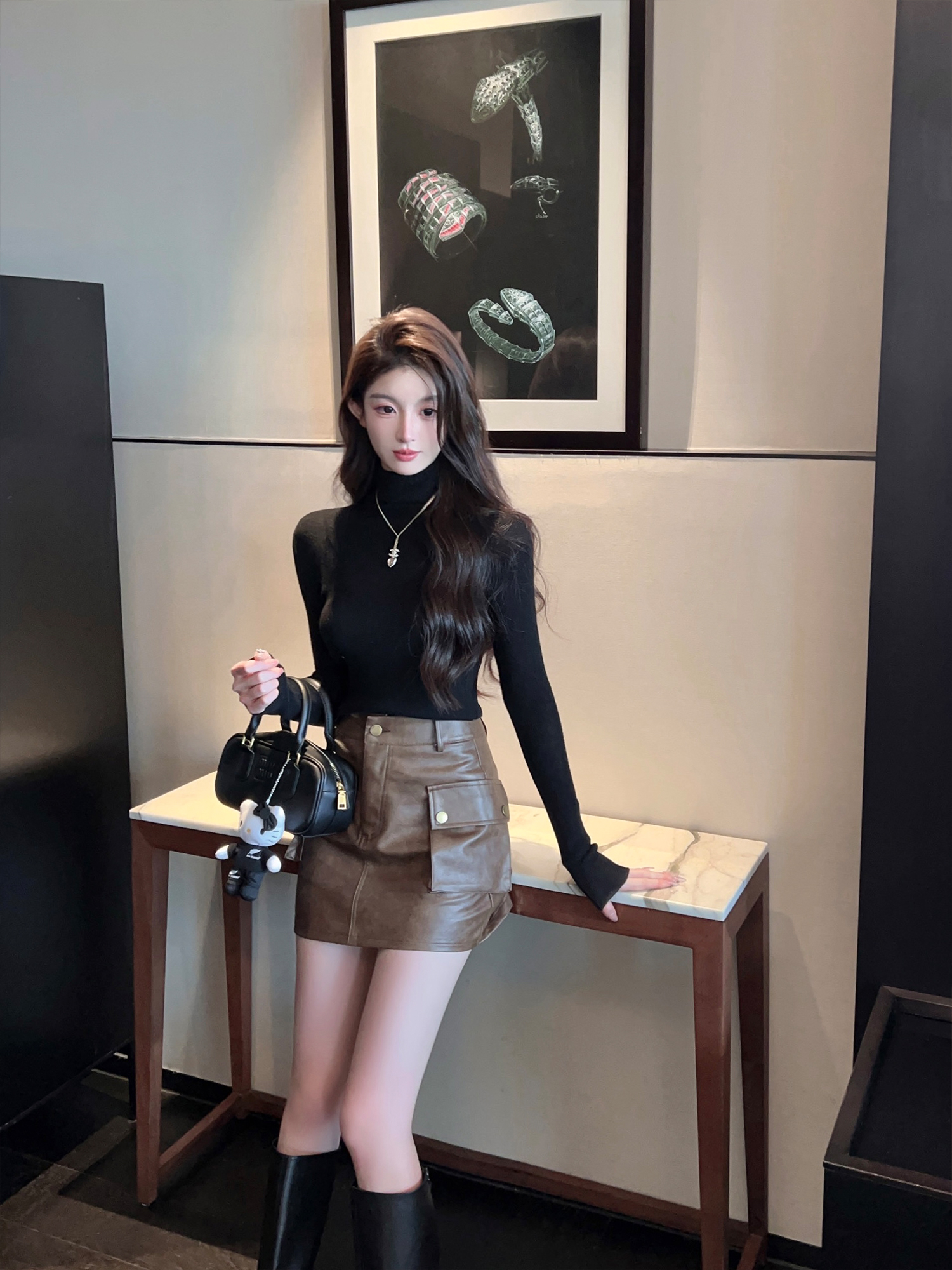 High-End Brown PU Leather A-Line Mini Skirt - Vintage High-Waisted Workwear Style High-End Brown PU Leather A-Line Mini Skirt - Vintage High-Waisted Workwear Style