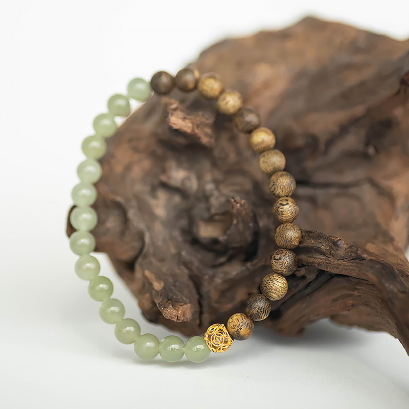 High-End Chinese Style Agarwood and Hetian Jade Bracelet - Natural Green Jade National Style Jewelry