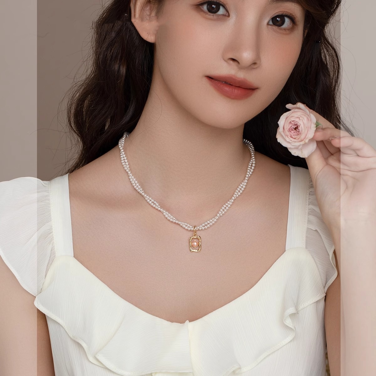 High-End Double-Layer Wrapped Bead Necklace with Square Pendant for Women - Chic Parisian Style Fashion Accessory High-End Double-Layer Wrapped Bead Necklace with Square Pendant for Women - Chic Parisian Style Fashion Accessory