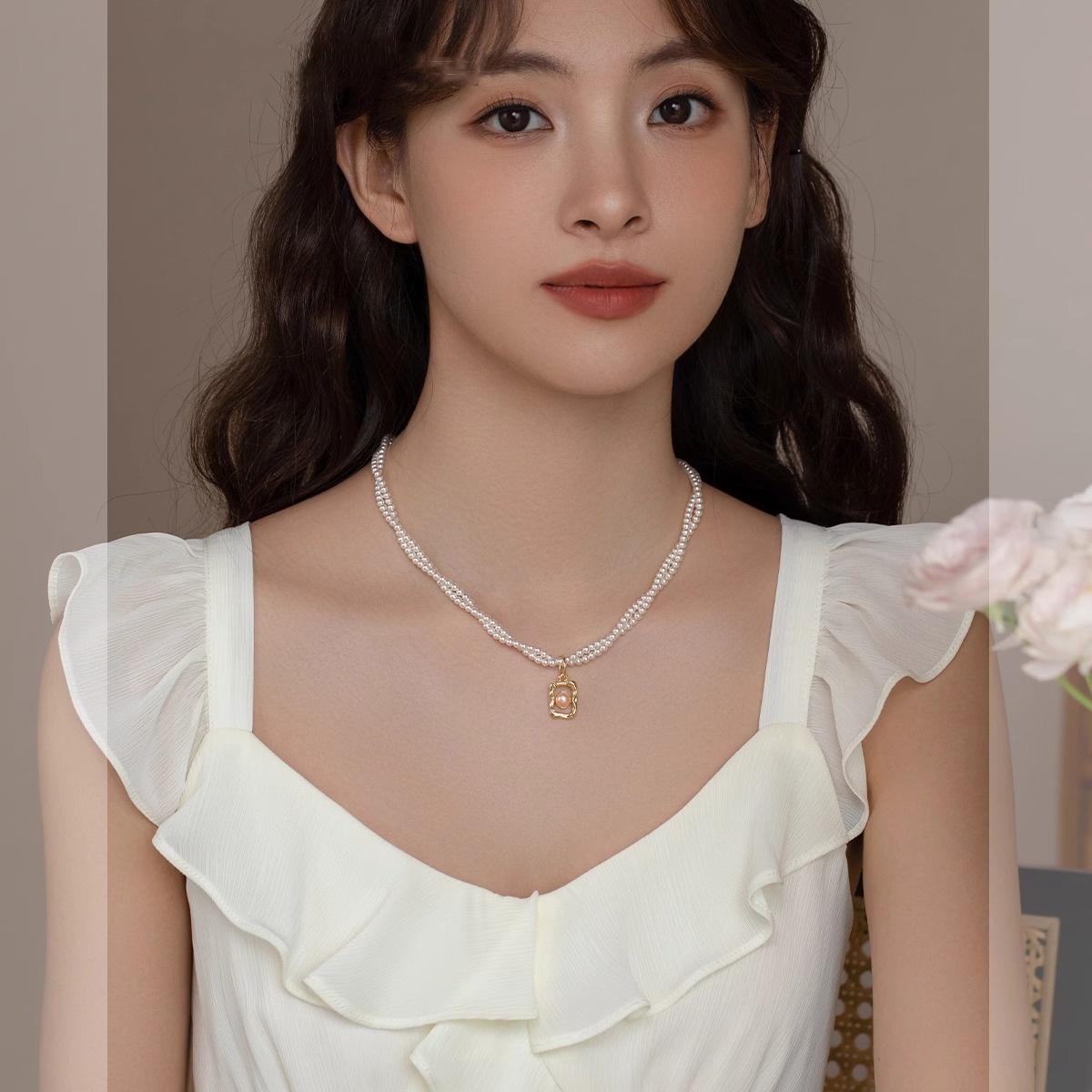 High-End Double-Layer Wrapped Bead Necklace with Square Pendant for Women - Chic Parisian Style Fashion Accessory High-End Double-Layer Wrapped Bead Necklace with Square Pendant for Women - Chic Parisian Style Fashion Accessory