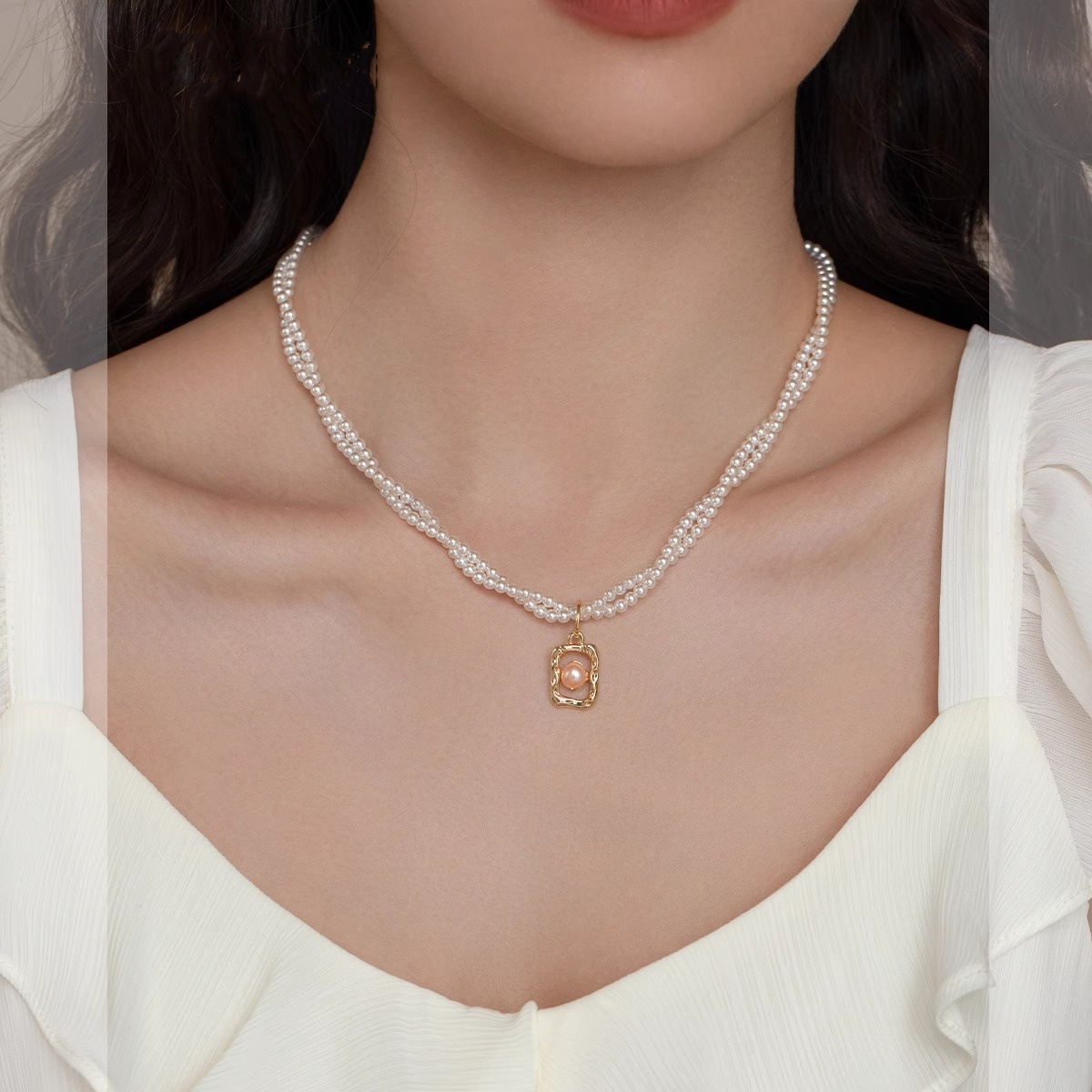High-End Double-Layer Wrapped Bead Necklace with Square Pendant for Women - Chic Parisian Style Fashion Accessory High-End Double-Layer Wrapped Bead Necklace with Square Pendant for Women - Chic Parisian Style Fashion Accessory