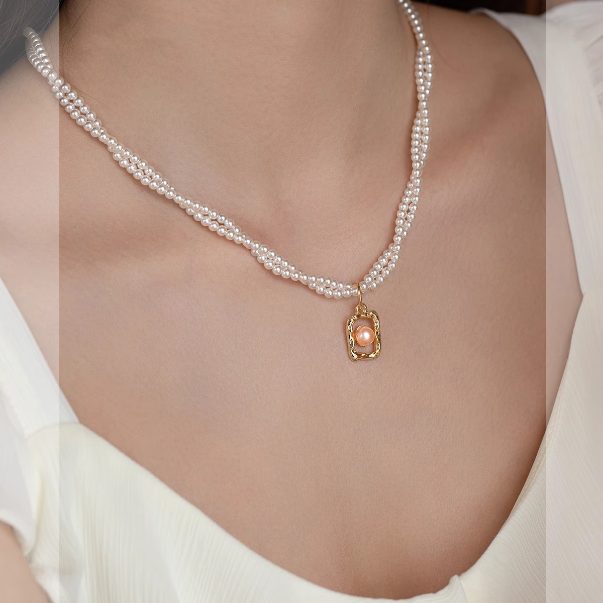 High-End Double-Layer Wrapped Bead Necklace with Square Pendant for Women - Chic Parisian Style Fashion Accessory High-End Double-Layer Wrapped Bead Necklace with Square Pendant for Women - Chic Parisian Style Fashion Accessory