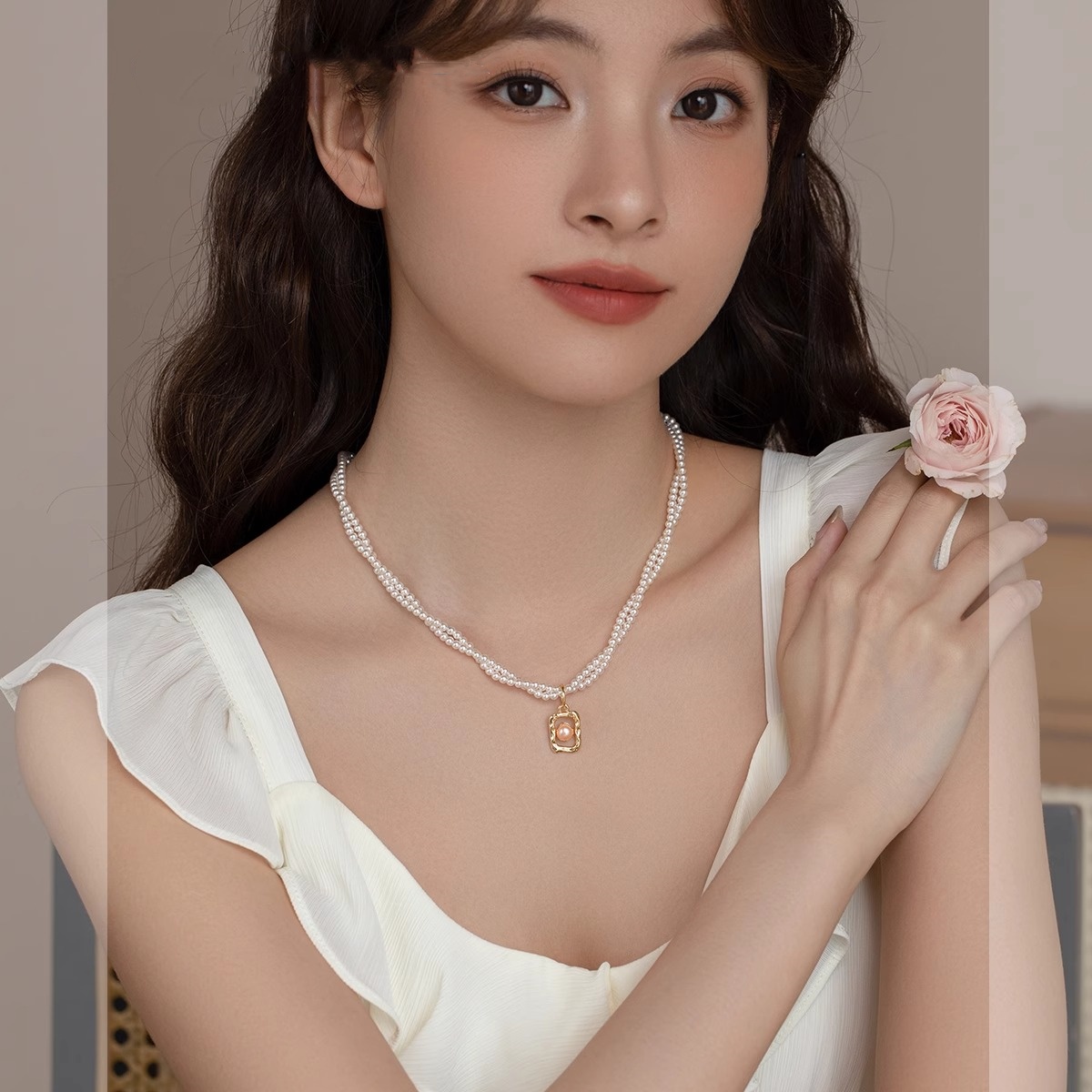 High-End Double-Layer Wrapped Bead Necklace with Square Pendant for Women - Chic Parisian Style Fashion Accessory High-End Double-Layer Wrapped Bead Necklace with Square Pendant for Women - Chic Parisian Style Fashion Accessory