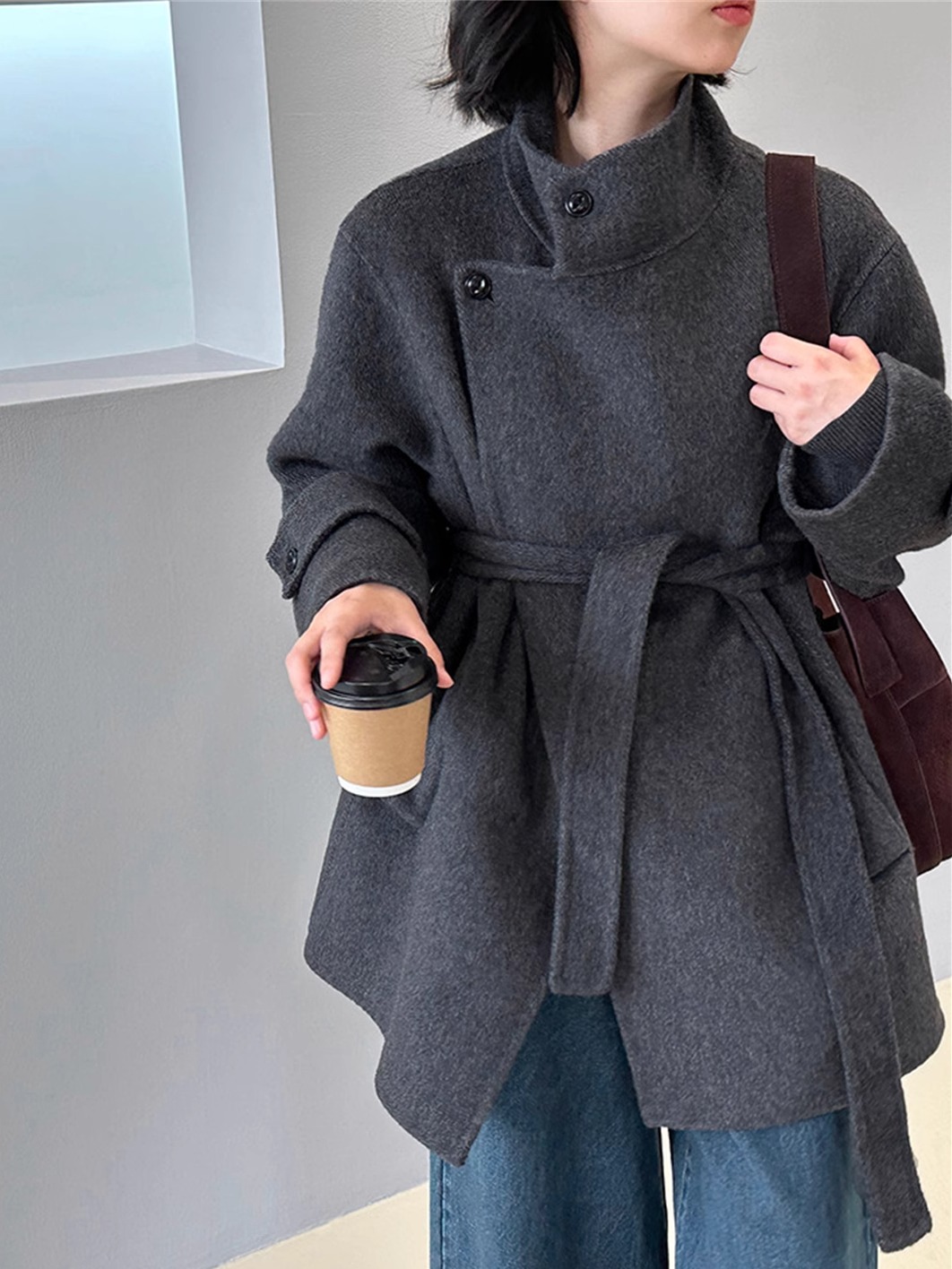 High-End Double-Sided Cashmere Wool Coat for Women - French-Style Waist-Cinching Jacket for Petite Winter Fashion 2025