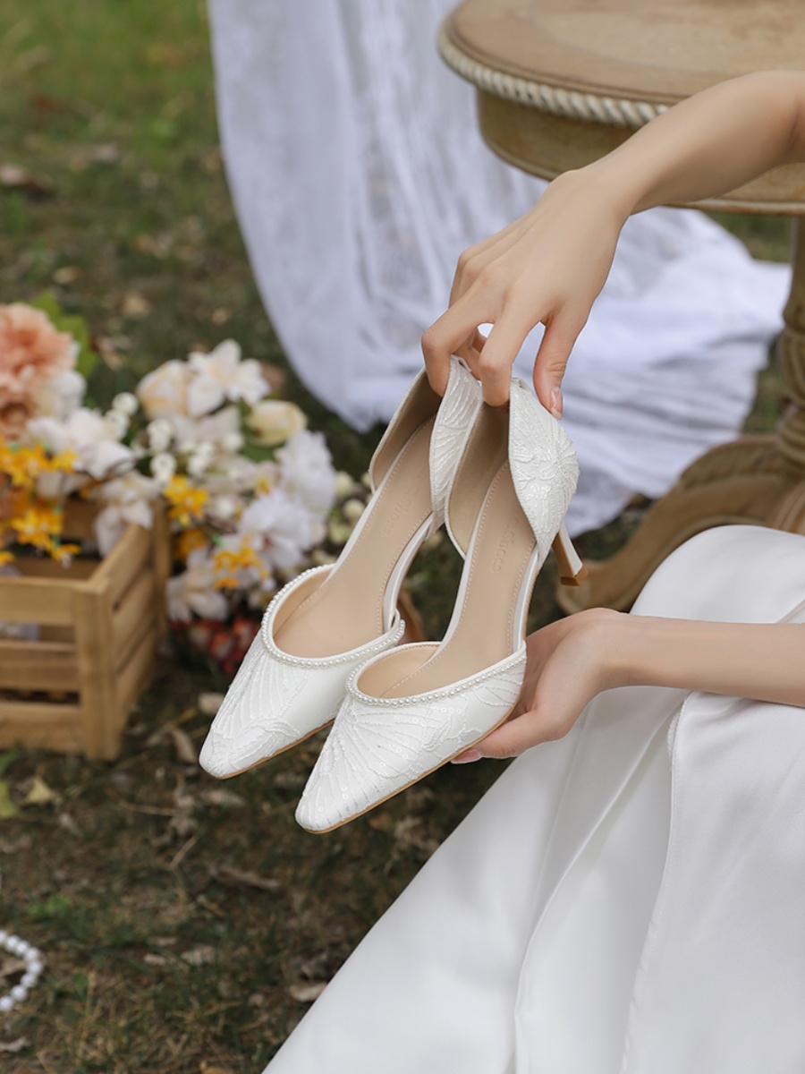 High-End French Style Lace Wedding Shoes for Brides - Comfortable White High Heels for Everyday Wear